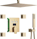 Brushed Gold Shower System with 12 inch Ceiling Mounted Shower Head and Handheld Shower, 4 PCS Body Jet, with Digital Temperature Display Function