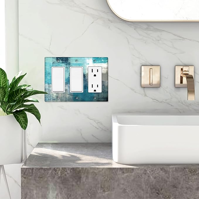Turquoise Teal Grey 3-Gang Rocker Light Switch Cover Abstract Art Decorative Wall Plate Cover Modern Electrical Outlet Covers