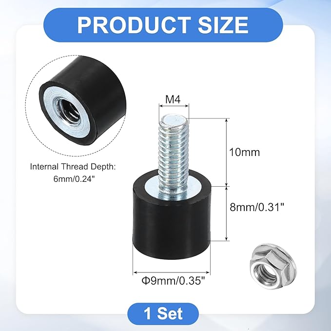 uxcell M4 Rubber Mounts, 1Pcs 10x8mm(DxH) Rubber Cylindrical Anti Vibration Isolator Shock Absorber with Lock Nut for Car Bobbin Generator Air Compressors