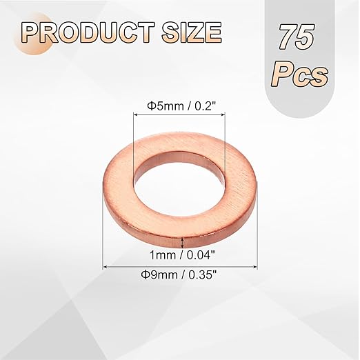 uxcell 75Pcs M5 Flat Washer Copper Washer Sealing Rings, 5mm ID 9mm OD 1mm Thickness Copper Crush Washers Metric Sealing Gasket for Plumbing Machinery Automotive