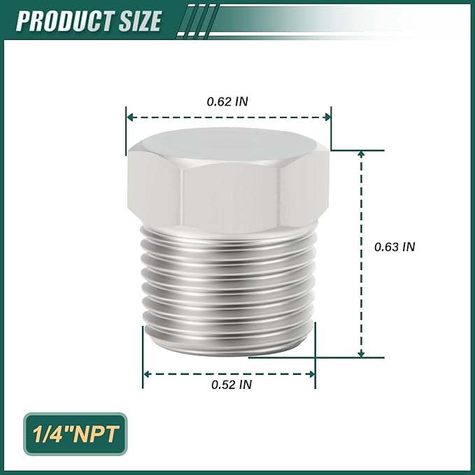 2PCS Stainless Steel Outer Hex Thread Socket Pipe Plug Fitting, 1/4" NPT Male, for Blocking or Sealing Holes in Pipes or Devices