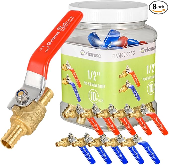 10 Pack ORIANSE 1/2 Inch Heavy Duty Pex Ball Valve Brass Barb Crimp 1/4- Turn Full Port Shut Off For PEX-b Connection Hot and Cold Water,Cetified by NSF/ANSI 61, ASTM F1807