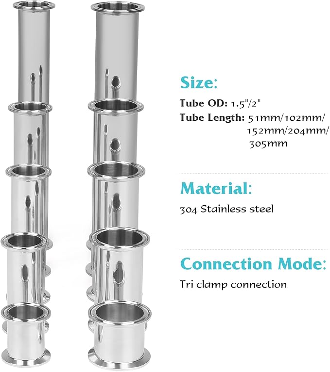 Tri Clamp Sanitary Spool Tube 2 Inch OD, 8 Inch Length, 50.5mm Clamp End OD, 304 Stainless Steel Seamless Round Tubing