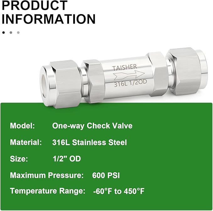 TAISHER 1PCS 316L Stainless Steel 1/2" Tube OD Check Valve(Ferrule Silver Plated),Backflow Prevention,One Way Non-Return Check Valves