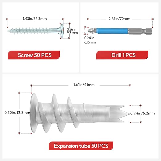 100pcs Drywall Anchors, Zinc Self-Drilling Anchor and Screw with Cross Groove Drill Bit, Fasteners Wall Anchors