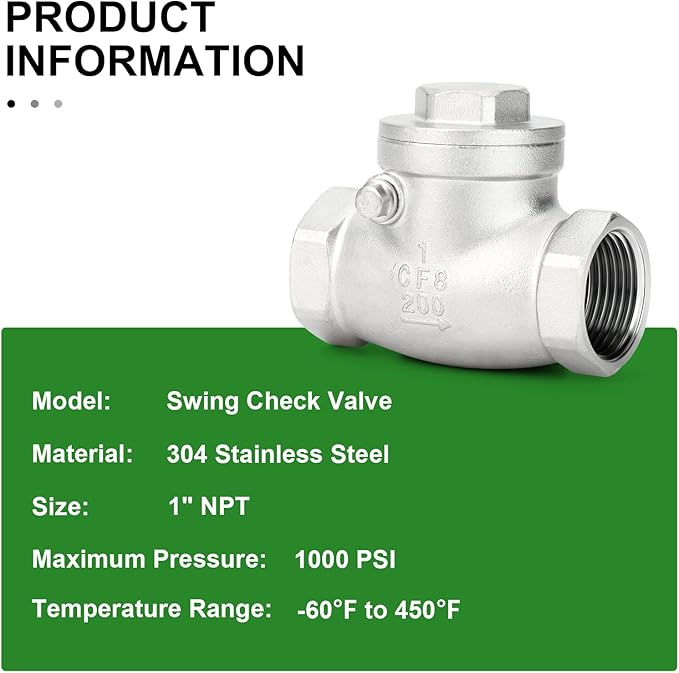 TAISHER 1PCS 304 Stainless Steel 1" NPT Female Swing Check Valve，Backflow Prevention, One Way Check Valve CF8 WOG 1000