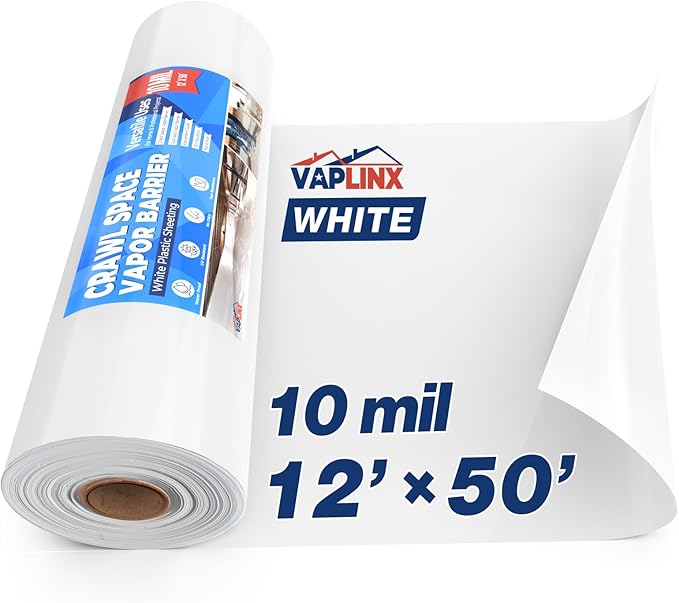White Crawl Space Vapor Barrier, 10 Mil Vapor Barrier, 12' x 50', Heavy Duty Polyethylene Film, Thick Plastic Sheeting, Plastic Drop Cloth Covering for Crawlspace, Basement, White