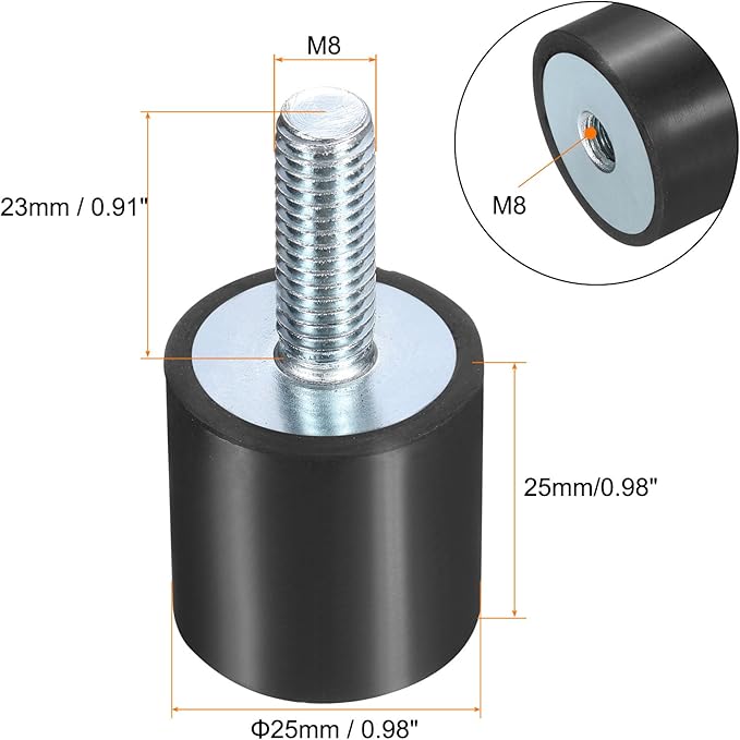 uxcell 8pcs M8x23mm Rubber Isolator Mounts with Studs 25x25mm Male Female Vibration Shock Absorber Zinc Plated Cylindrical Thread Mounts Anti Vibration Isolators with 8pcs M8 Lock Nuts