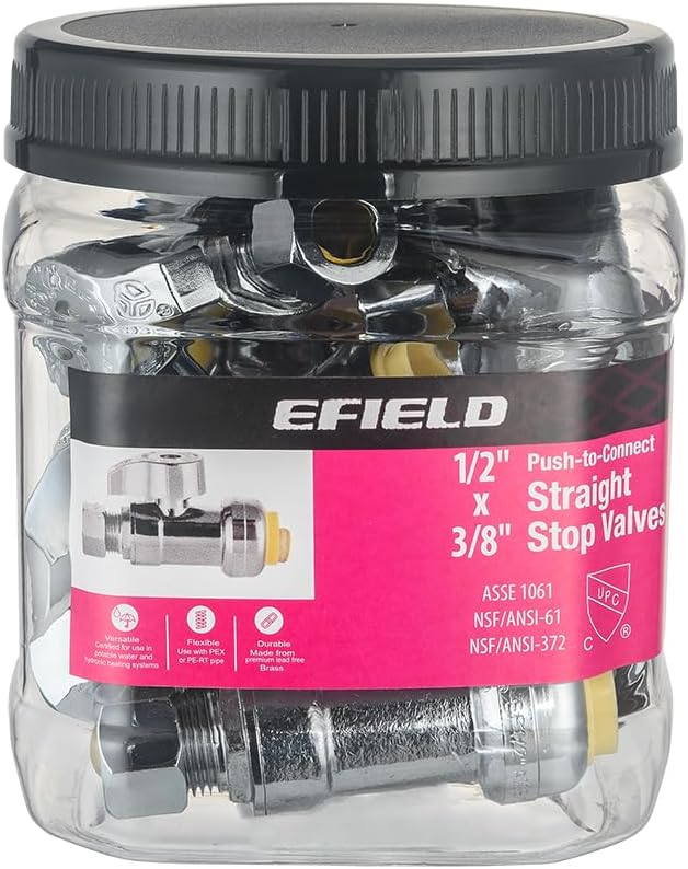 Pro 8-Pack EFIELD Push Fit 1/4 Turn Straight Stop Valve, 1/2 Push x 3/8 Inch Compression, Chrome Plated, Heavy Duty,(PF-VALVE084-8PCS)