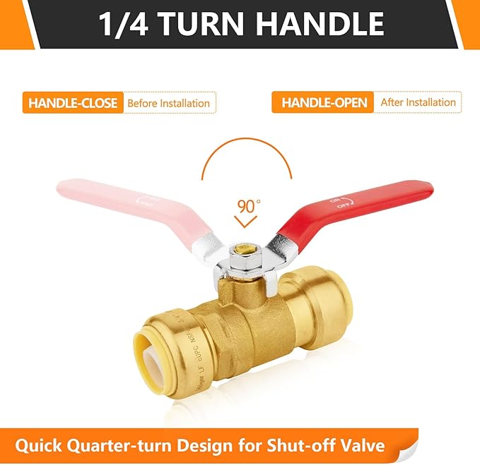 1-PC HeSun Push Fit Ball Valve, 3/4-Inch Push-to-Connect Full Port Shut-off Valve for Hot and Cold Water,with 1 Disconnect Clip, PEX,Copper,CPVC, Red(PF-VALVE012)