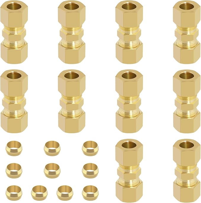 Brass Compression Tube Fitting, 10 PCS 3/8" OD Compression Union Connectors & 10 PCS Compression Sleeves Ferrules