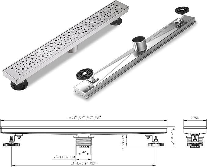 Linear Shower Drain 32 Inch, Bubbles Shower Drain SUS-304 Stainless Steel, 51L/Min Fast Drainage Floor Linear Drain, US Standard CUPC Certified, Brushed Silver, SD-099