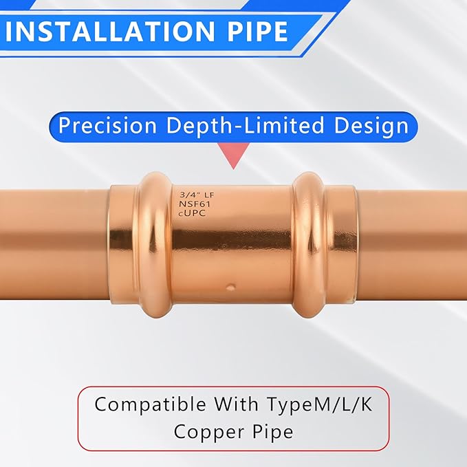 Copper Press Fittings 3/4 Inch Coupling with Stop No-Lead Plumbing Pipe Connector | Compatible with Copper Pipes, Water Supply & Hydronic Heating Systems | Durable Press Fit Design,4-Pack