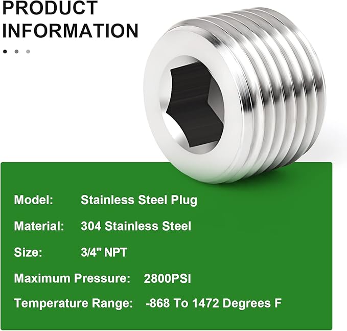 TAISHER 5PCS 304 Stainless Steel Internal Hex Thread Socket Pipe Plug Fitting 3/4" NPT Male