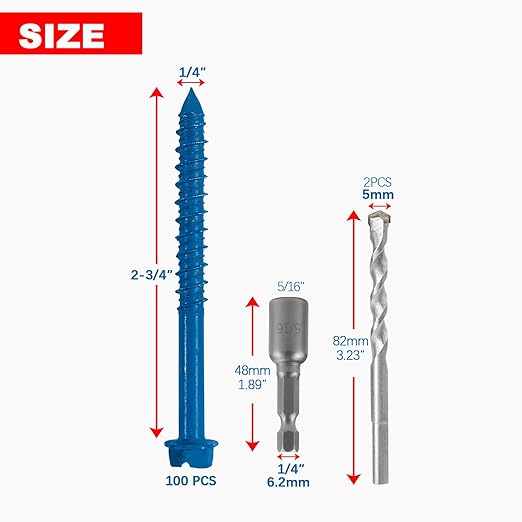 100Pcs 1/4" x2-3/4 Concrete Screws with Drill Bit, Hex Head Concrete Cement Screws Anchor Assortment Kit for Masonry, Block Brick or Stucco