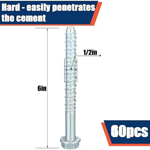 Tandefio 60 Pack 1/2" x 6" Concrete Screw Anchor Galvanized Large Diameter Heavy Duty Plated Concrete Anchors for Masonry Brick Anchoring Block Decking Framing Hex Drive