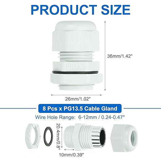 MECCANIXITY 8 Pcs PG13.5 Cable Gland, 6-12mm Wire Hole Strain Relief Joint for Cable Fixing, Wiring, Repairing, Gland Replacement, Electrical Appliances, White