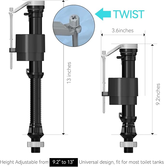 R&T Toilet Fill Valve A1320, Toilet Repair Kit Inside Tank, Universal Toilet Replacement Kit, Quiet and Fast Fill Water, Height Adjustable, Easy to Install