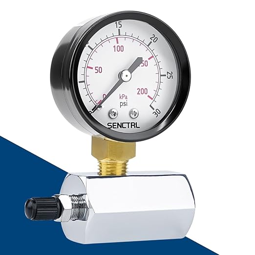SENCTRL 0-30 Psi Gas Pressure Test Gauge, 2" Dial Size, 3/4" FNPT Connection, Brass Valve, Chrome Plated Steel Body Assembly
