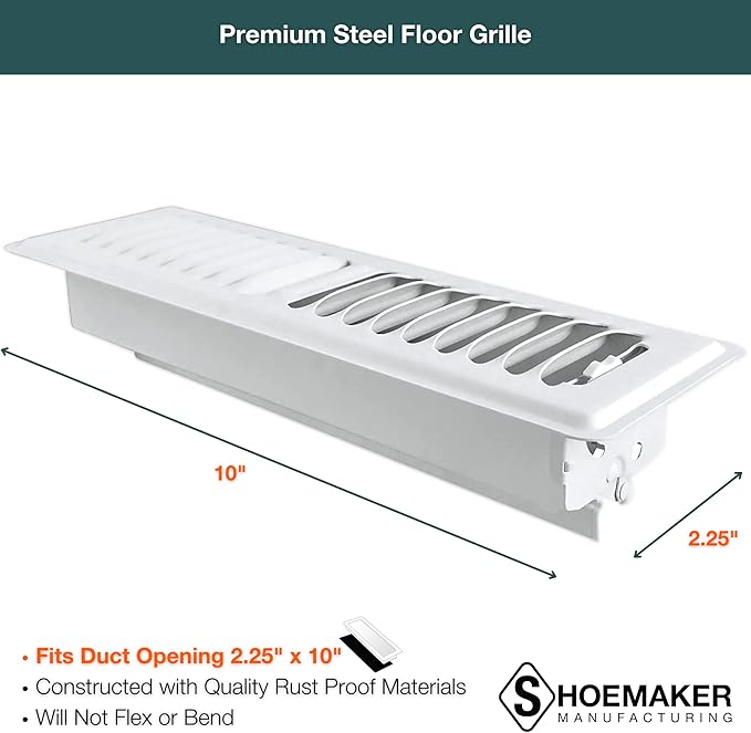 Shoemaker 2x10 Floor Register – Soft White Heavy Duty Metal Floor Vent Cover for Home Floors - Premium Forced Air Vent Covers