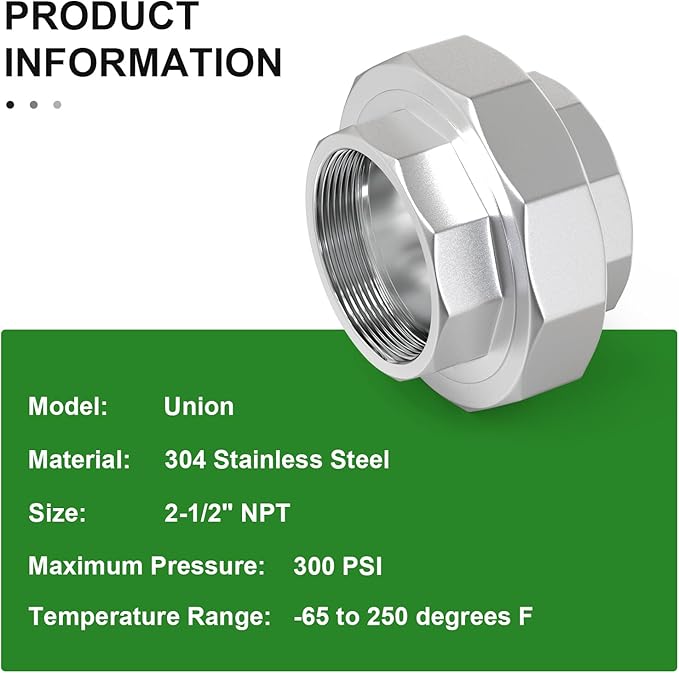 TAISHER 1PCS 304 Stainless Steel Union，2-1/2" NPT Female Cast Pipe Fitting