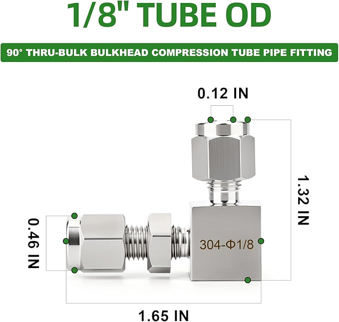 TAISHER 1PCS 304 Stainless Steel 90 Degree Thru-Bulk Bulkhead Compression Tube Pipe Fitting Connector, 1/8" Tube OD x 1/8" Tube OD Straight Adapter