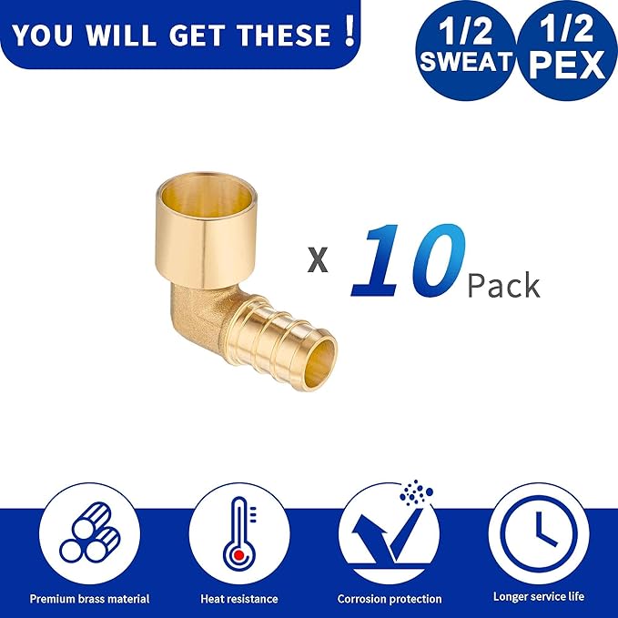 (10 Pack) Lidertik Copper to Pex Fittings 1/2 inch Elbow, 1/2" Pex B F1807 x 1/2" Female Elbow Sweat Adapter Brass LI-APXFSE1212 (10 Pieces)