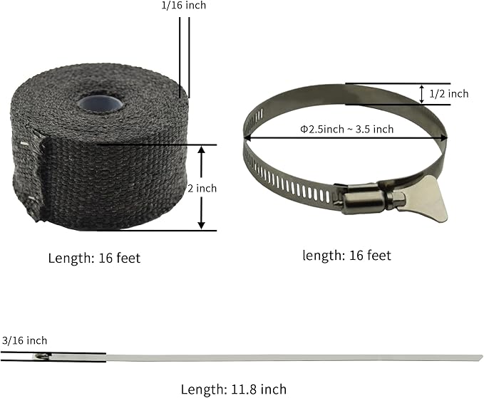 DOBTIM Fireproof Pipe Wrap Insulation 2" Wide X 16' Long, Fiberglass Heat Shield Tape Pipe Webbing for Stove Flue Protector with 2 Clamps, Black