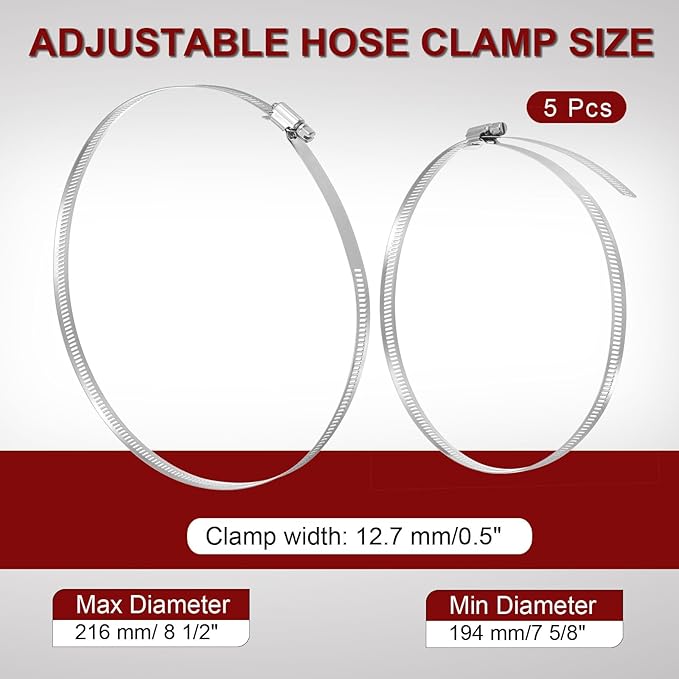 MECCANIXITY 8 Inch Stainless Steel Hose Clamp, Worm Gear Clamp Adjustable 7 5/8"-8 1/2"(194-216mm) Fuel Line Hose Clamps Duct Clamp for Pipe Plumbing Automotive Mechanical (Pack of 5)