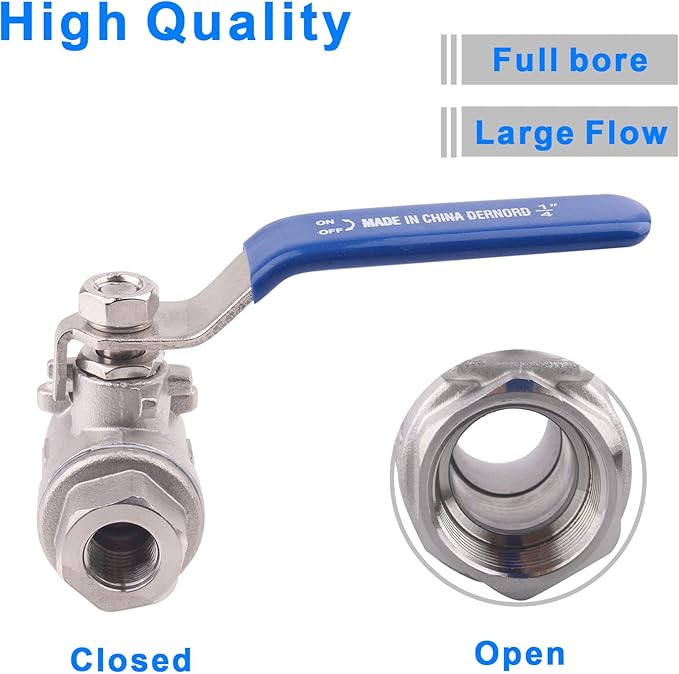 DERNORD Full Port Ball Valve Stainless Steel 304 Heavy Duty for Water, Oil, and Gas with Blue Locking Handles (1/4" NPT)