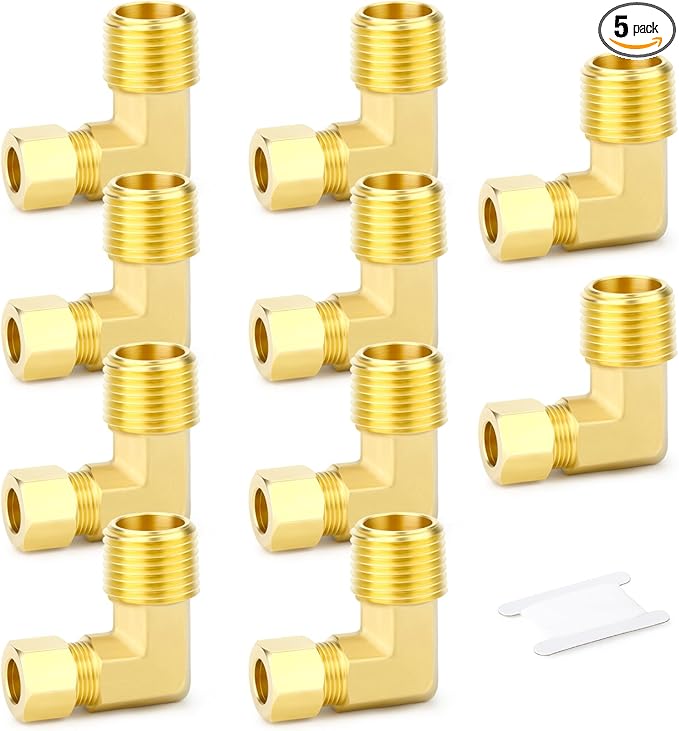 GASHER 10PCS Brass 90 Degree Elbow Compression Tube Pipe Fitting Connector, 3/16" Tube OD x 1/8" NPT Male Connector