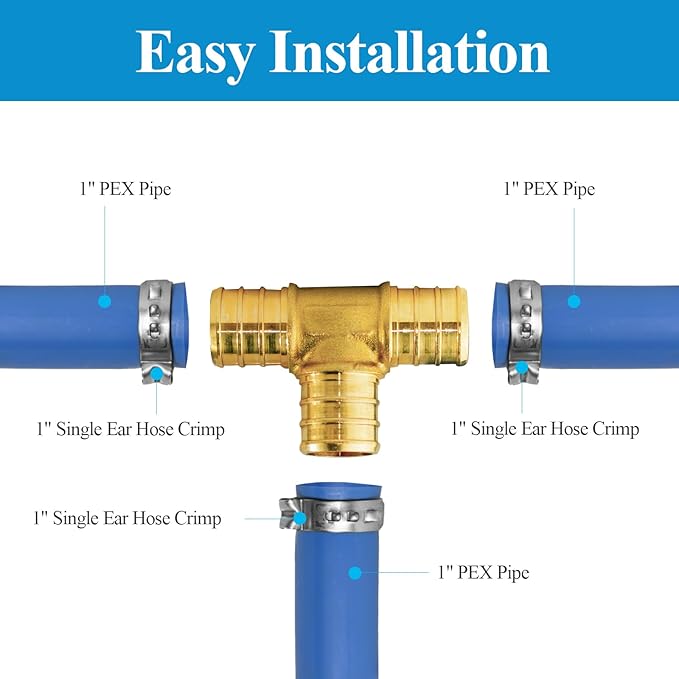 WiseWater 8 Pcs PEX Fittings 1 Inch, 1 inch Tee Brass Fittings, Barb Crimp PEX Pipe Fitting for PEX Pipe Plumbing Projects (Pack of 8)