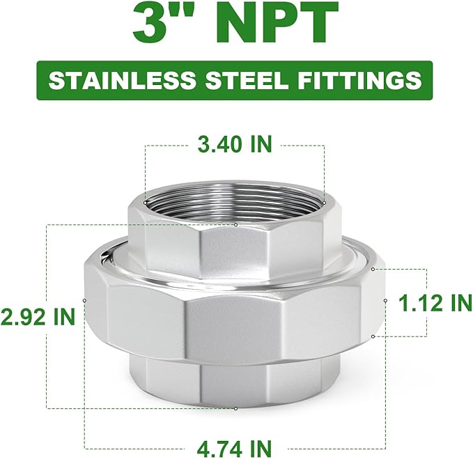 TAISHER 1PCS 304 Stainless Steel Union，3" NPT Female Cast Pipe Fitting
