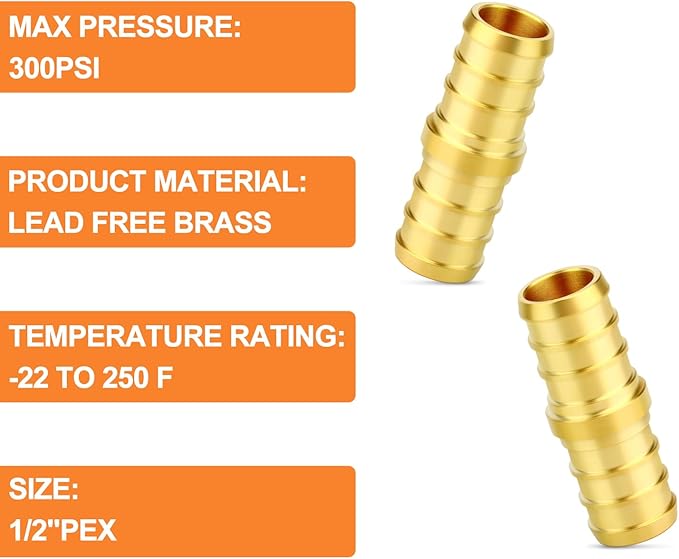 GASHER 2Pcs No Lead Brass 1/2" Pex Coupling, 1/2 Inch Pex Fittings for Pex Tubing
