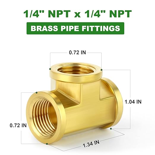 TAISHER 2Pcs Brass Tee Fitting, 1/4" x 1/4" x 1/4" NPT Female Pipe Fittings