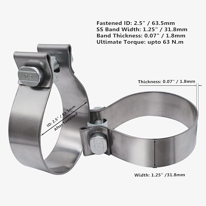 ROADFORMER 2.5 inch Exhaust Clamp Narrow Band Stainless Steel for Exhaust Pipe, Muffler and Exhaust System Repair (2 Pack)