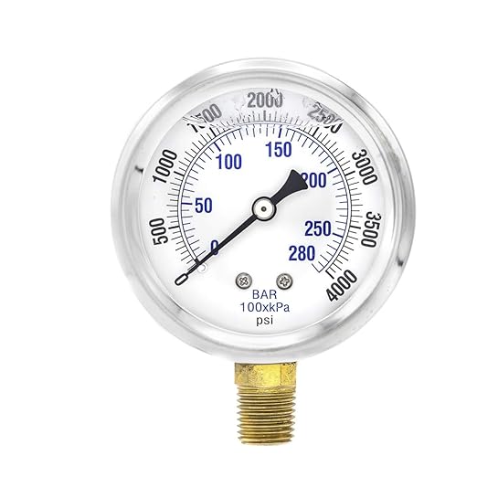 PIC Gauges PRO-201L-254Q 0-4000 PSI Pressure Gauge, 2 1/2" Dial, 1/4" Male NPT Connection, Bottom Mount, Dual Scale, Glycerin Filled, Stainless Steel Case/Bezel, Brass Internals & Plastic Lens