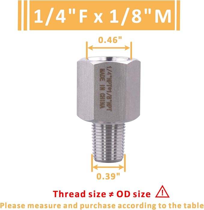 Forged Reducer Adapter Fitting - Stainless Steel 304 Reducing Pipe Connector, 1/4" NPT Female x 1/8" NPT Male (pack of 2)
