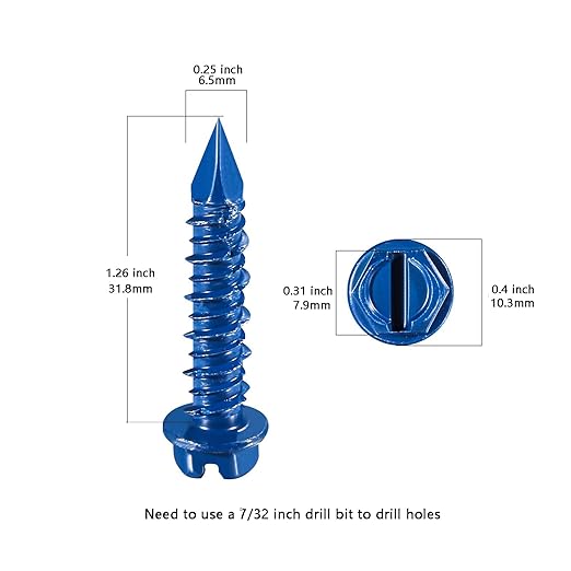 (30 PCS) 1/4 "* 1-1/4" Slotted hex Head Concrete Screw Anchor Blue hex Head, Used for anchoring Masonry, Blocks, or Brick Plaster