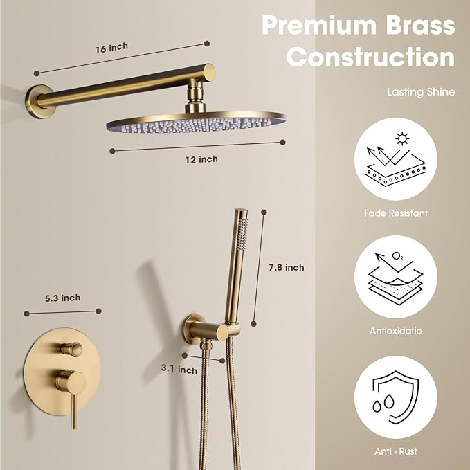TRUSTMI 12-Inch Brushed Gold Shower System, Brass Wall Mounted Rainfall Shower Set (Contain Concealed Pressure Balance Rough-in Valve Body and Trim)
