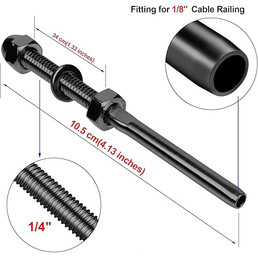 BLIKA 50 Pack Black Cable Railing Swage Threaded Stud Tension End Fitting Terminal for 1/8" Deck Cable Railing, T316 Stainless Steel, Black Cable Railing tensioner 1/8" for 2"x2" Wood/Metal Post