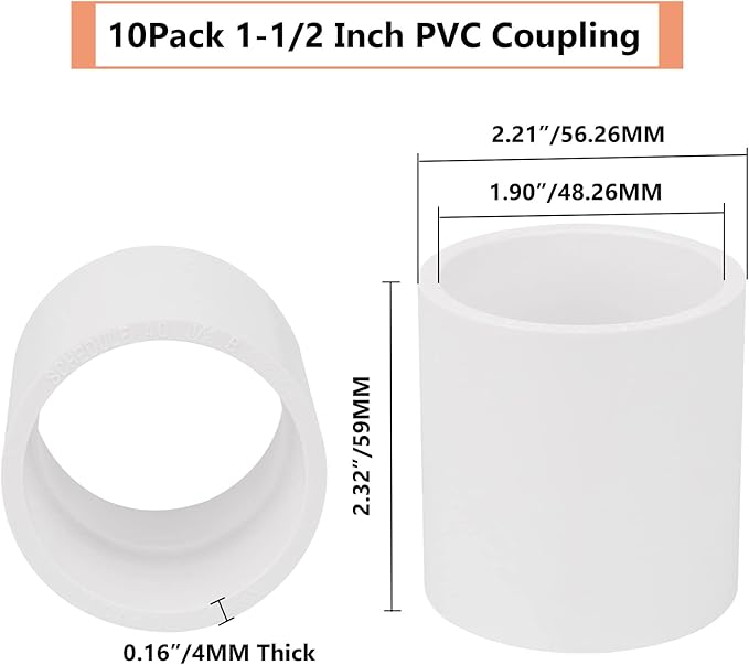 10Pack 1-1/2" PVC Pipe Coupling Adapter Pipe Fittings (Socket x Socket) Contractor Pack Schedule 40 Heavy Duty 1.50 Inch PVC Slip Socket Connectors for DIY PVC Shelf Garden Support Structure, White