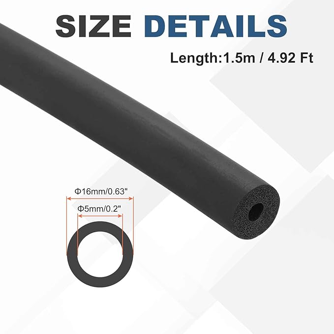1/5" ID Pipe Insulation Foam Tube, EPDM Pipe Cover 5/8" OD Wrap Roll Bar Tubing 4.9FT Long - Insulation Freeze Heat Preservation for Guitar Stand/AC Units/Exercise Machine