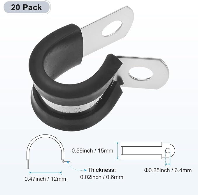 20-Pack Cable Clamps, 15/32 inch/ 12 mm 304 Stainless Steel Rubber Cushioned Insulated Cable Clamp R Shape Metal Holder for Tube/Wire/Pipe/Loop Installation