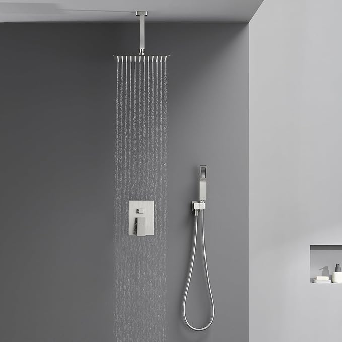 Shower System 12 Inches Rain Shower Combo Set Brushed Nickel Ceiling Mount Shower Faucet Bathroom Faucets with Rainfall Shower Head and Hand Shower