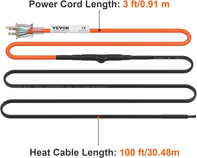 VEVOR Self-Regulating Pipe Heating Cable, 100-feet 5W/ft Heat Tape for Pipes Freeze Protection, Protects PVC Hose, Metal and Plastic Pipe from Freezing, 120V
