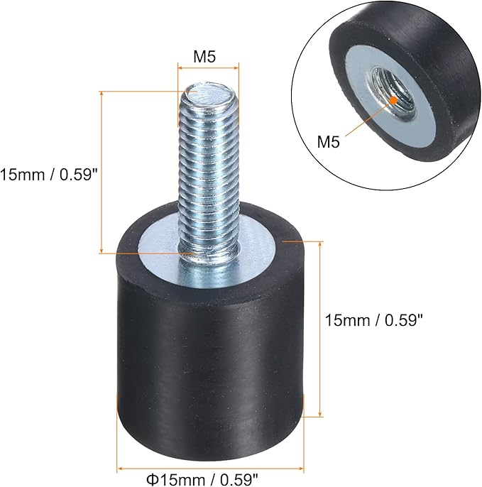 uxcell 6pcs M5x15mm Rubber Isolator Mounts with Studs 15x15mm Male Female Vibration Shock Absorber Zinc Plated Cylindrical Thread Mounts Anti Vibration Isolators with 6pcs M5 Lock Nuts
