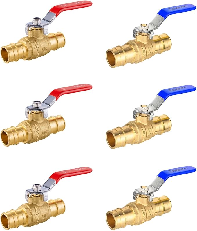 6-Pack Foskan 1" Brass PEX-A Full Port Ball Valve, Quarter Turn Shut-off Valve for PEX-A Tubing(Blue and Red)