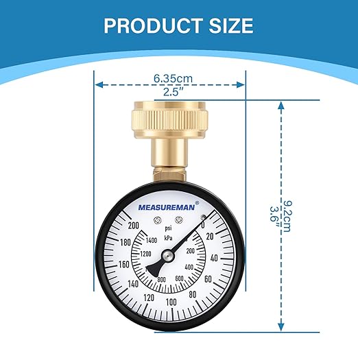 MEASUREMAN 2-1/2'' Water Pressure Test Gauge, 0-200 Psi, 3/4" Female Garden Hose Thread, Stainless Steel Case, for Home Potable Water, House Tube