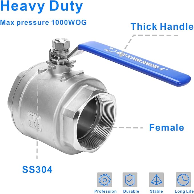 DERNORD Full Port Ball Valve Stainless Steel 304 Heavy Duty for Water, Oil, and Gas with Blue Locking Handles (4" NPT)
